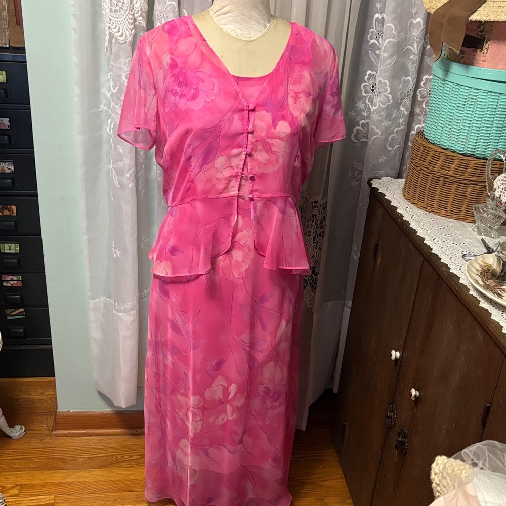 Sheer Pink Polyester Floral Two-Piece Dress Ensemble w/ Peplum Sz L-XL